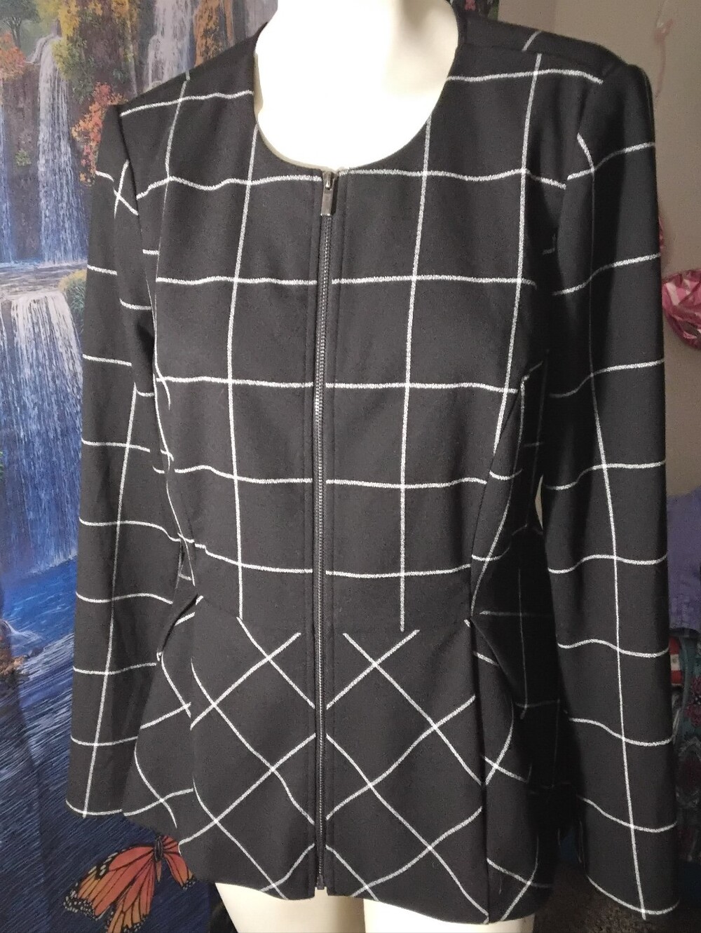 Lane Bryant Women's Size 14 Black White Grid Zip Front skirted Blazer New w tags